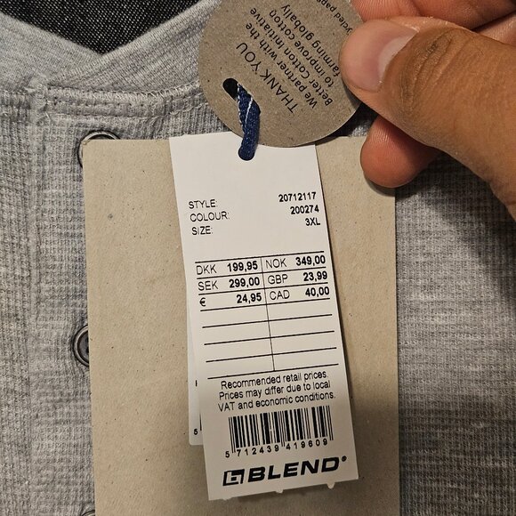 Blend Mens Long Sleeve T-Shirt 3XL Gray Henley Waffle Knit Pullover BHNoble Tee - Picture 8 of 12